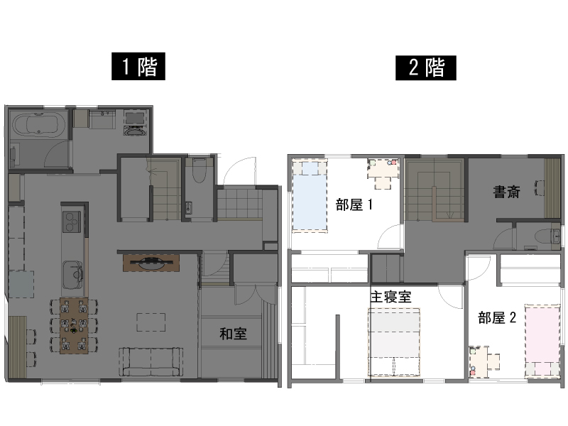 30坪の注文住宅の２階の子供部屋と主寝室の間取り図
